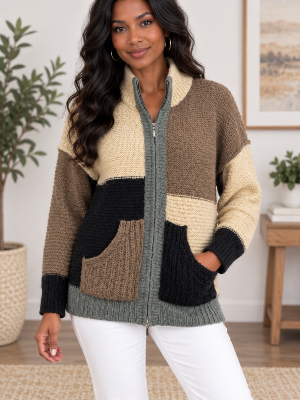 Lumiere knit color-block patchwork zip-up cardigan jacket